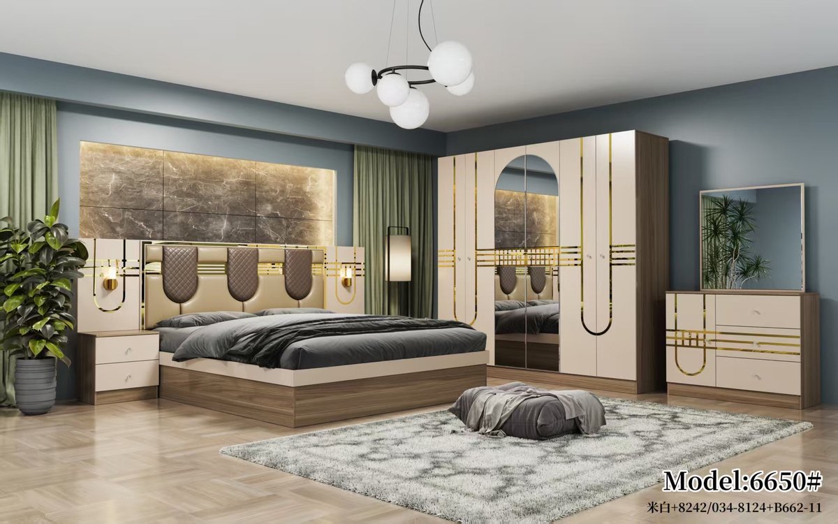 Cream and Brown Leather Deco Bedroom Set