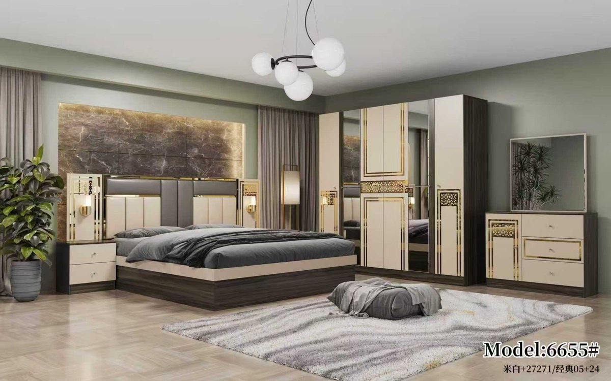 Cream and Walnut Gold-Trim Bedroom Set
